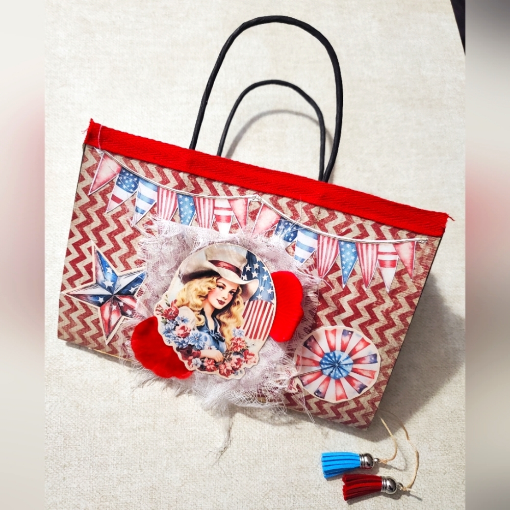 🙏 HAND CRAFTED patriotic junk journal clutch bag w pockets ephemera no